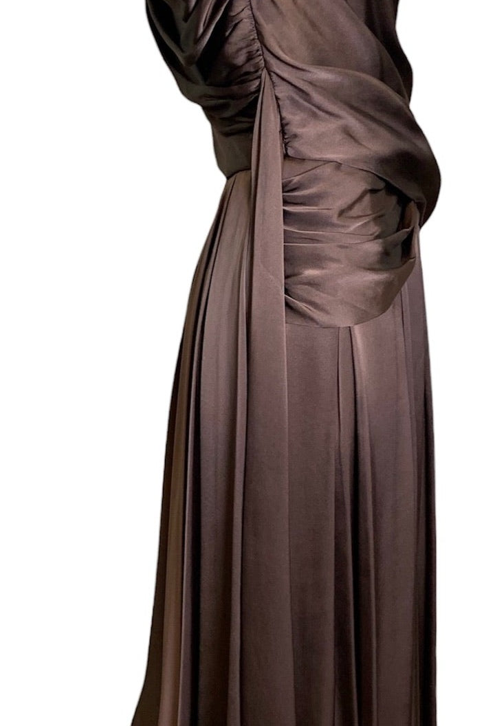 Hardy Amies 50s Chocolate Brown Silk Satin Goddess  Cocktail Dress SIDE 2 of 6