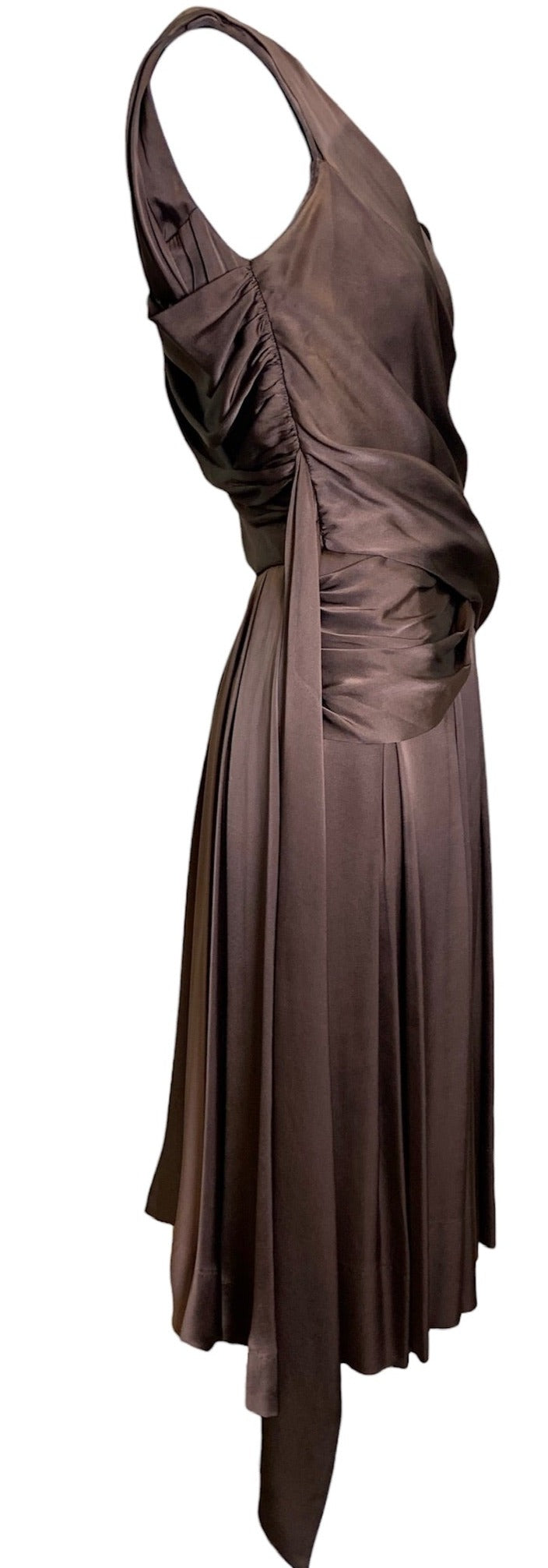 Hardy Amies 50s Chocolate Brown Silk Satin Goddess  Cocktail Dress SIDE 2 of 6
