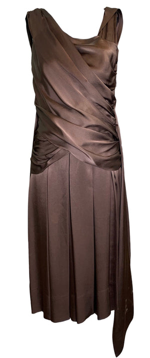 Hardy Amies 50s Chocolate Brown Silk Satin Goddess  Cocktail Dress FRONT 1 of 6