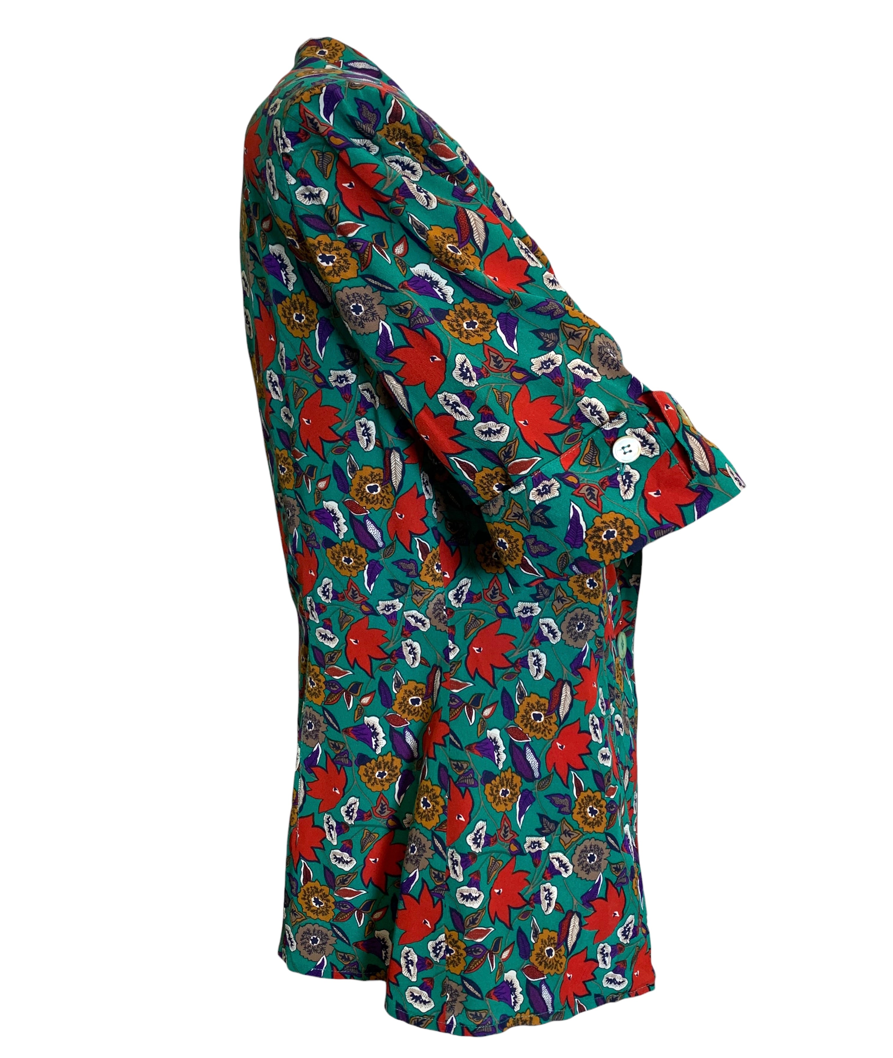  Gucci 80s Corporate Core Green Silk Floral Blouse SIDE 2 of 6