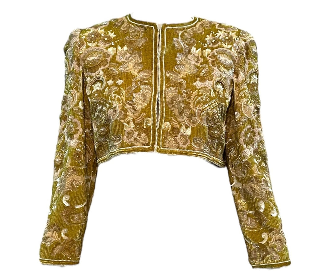  Bill Blass 80s Golden Cropped Evening Jacket with Extravagant Embellishment FRONT 1 of 5
