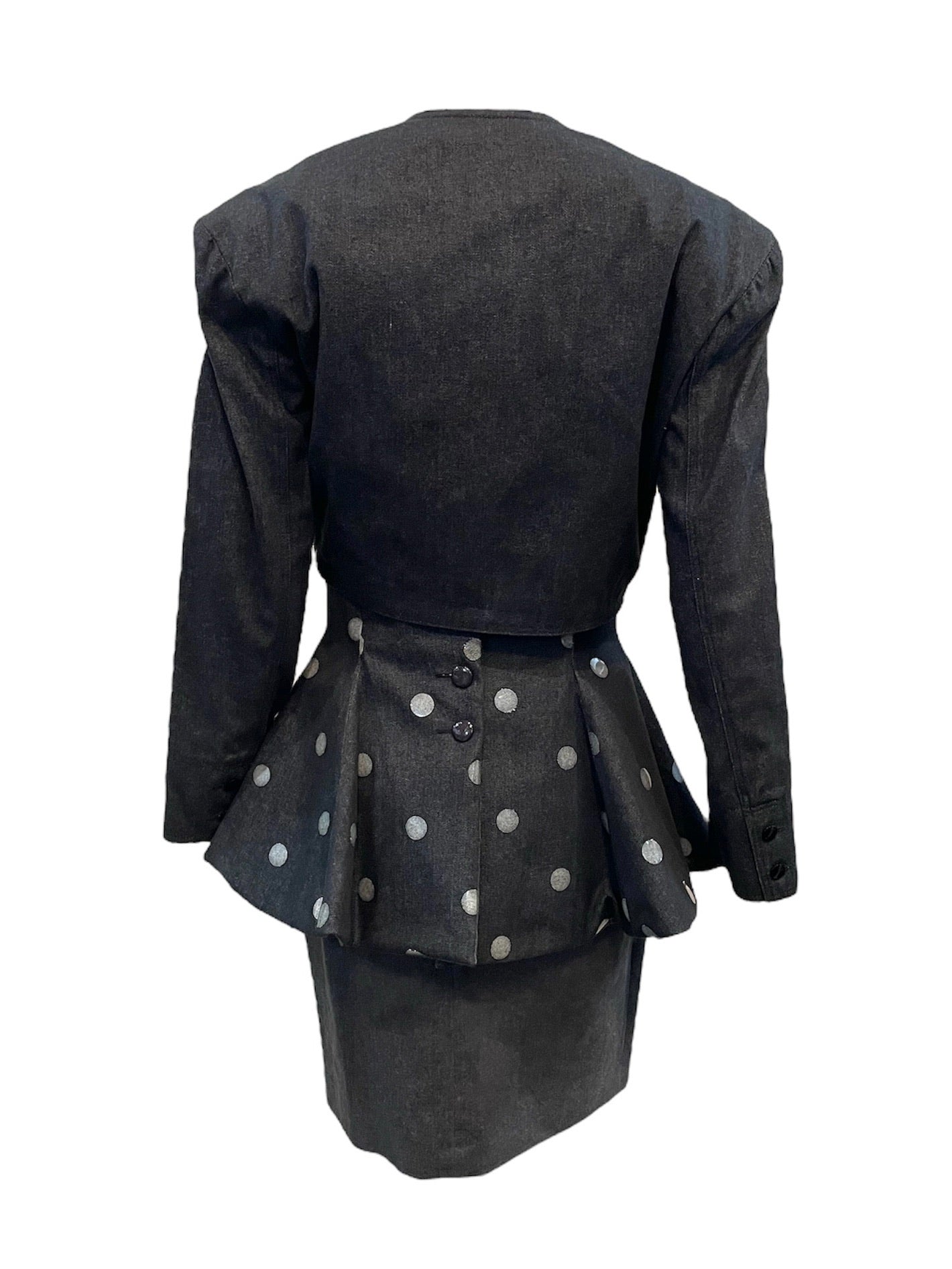 Enrico Coveri 80s OverDyed Black Polka Dot Dress and Cropped Jacket/ back with jacket 