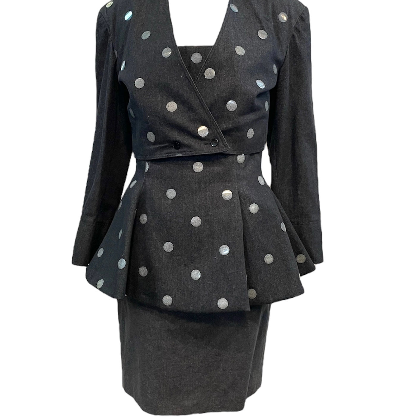 Enrico Coveri 80s OverDyed Black Polka Dot Dress and Cropped Jacket