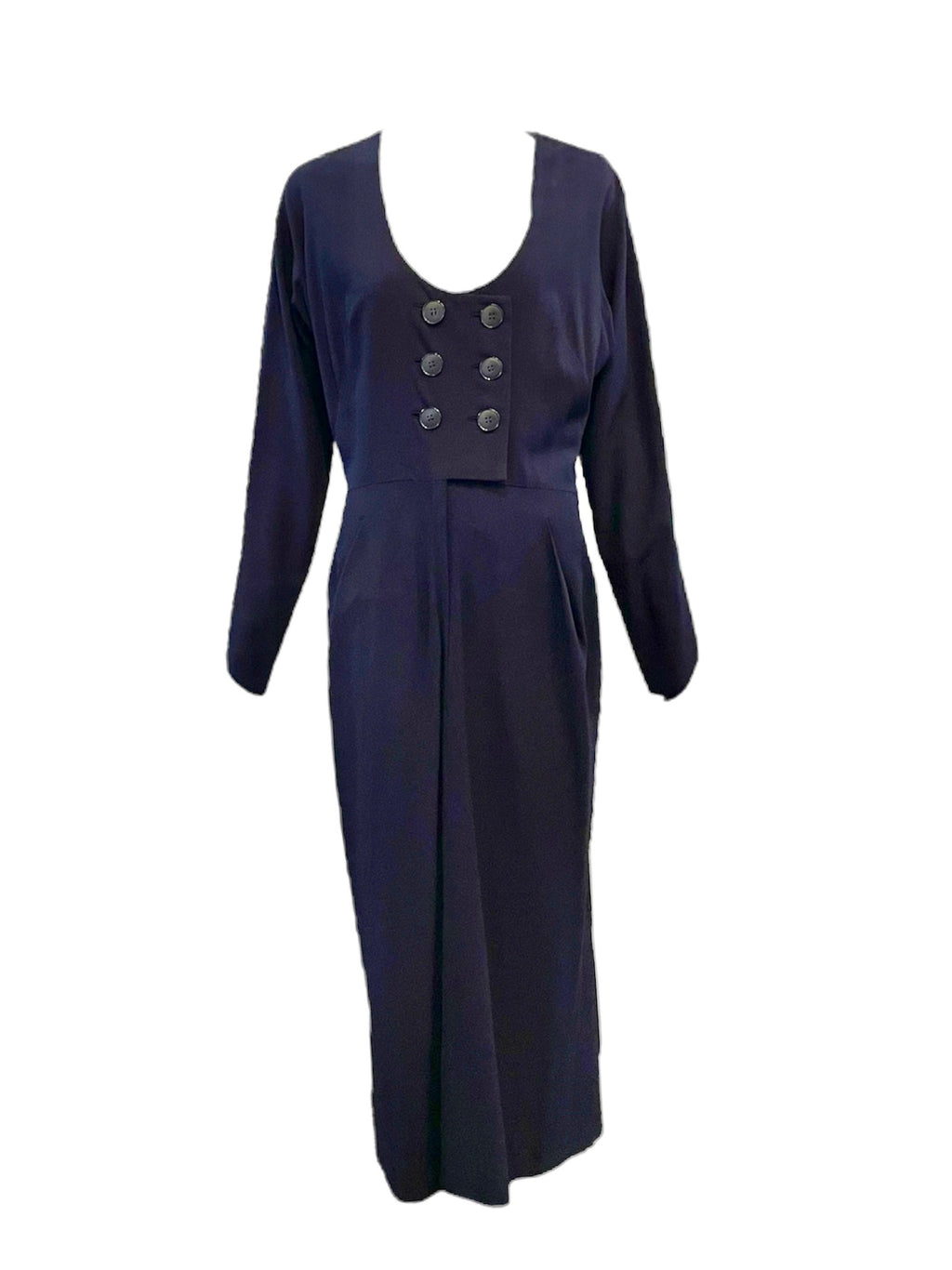 Irene 50s Dramatic Navy Blue Crepe Afternoon Dress