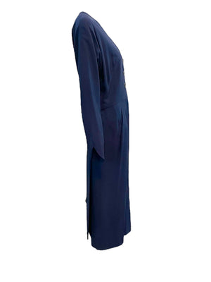 Irene 50s Dramatic Navy Blue Crepe Afternoon Dress, side