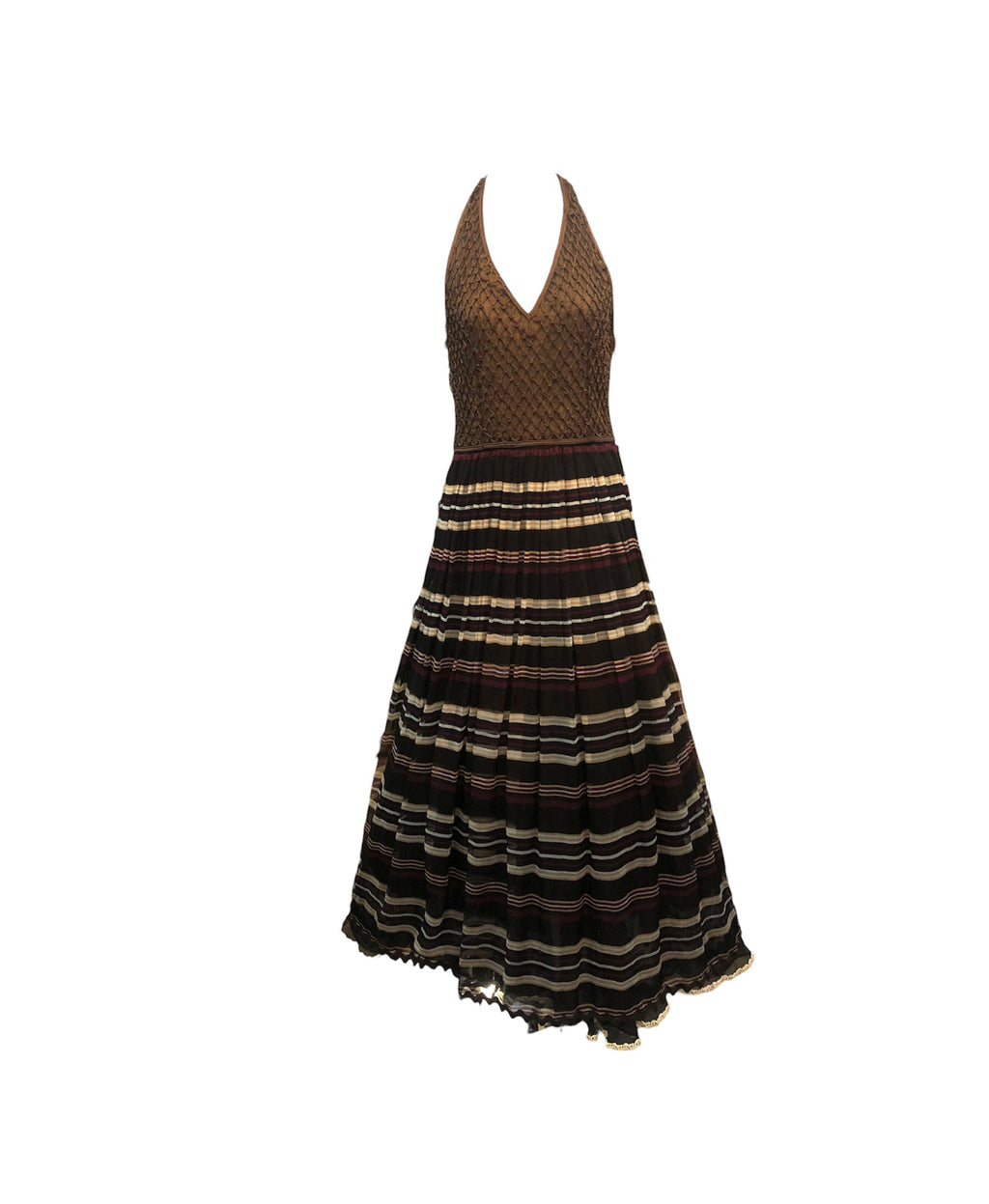 Christian Dior 70s Chocolate Brown Halter Neck Gown with Petticoats