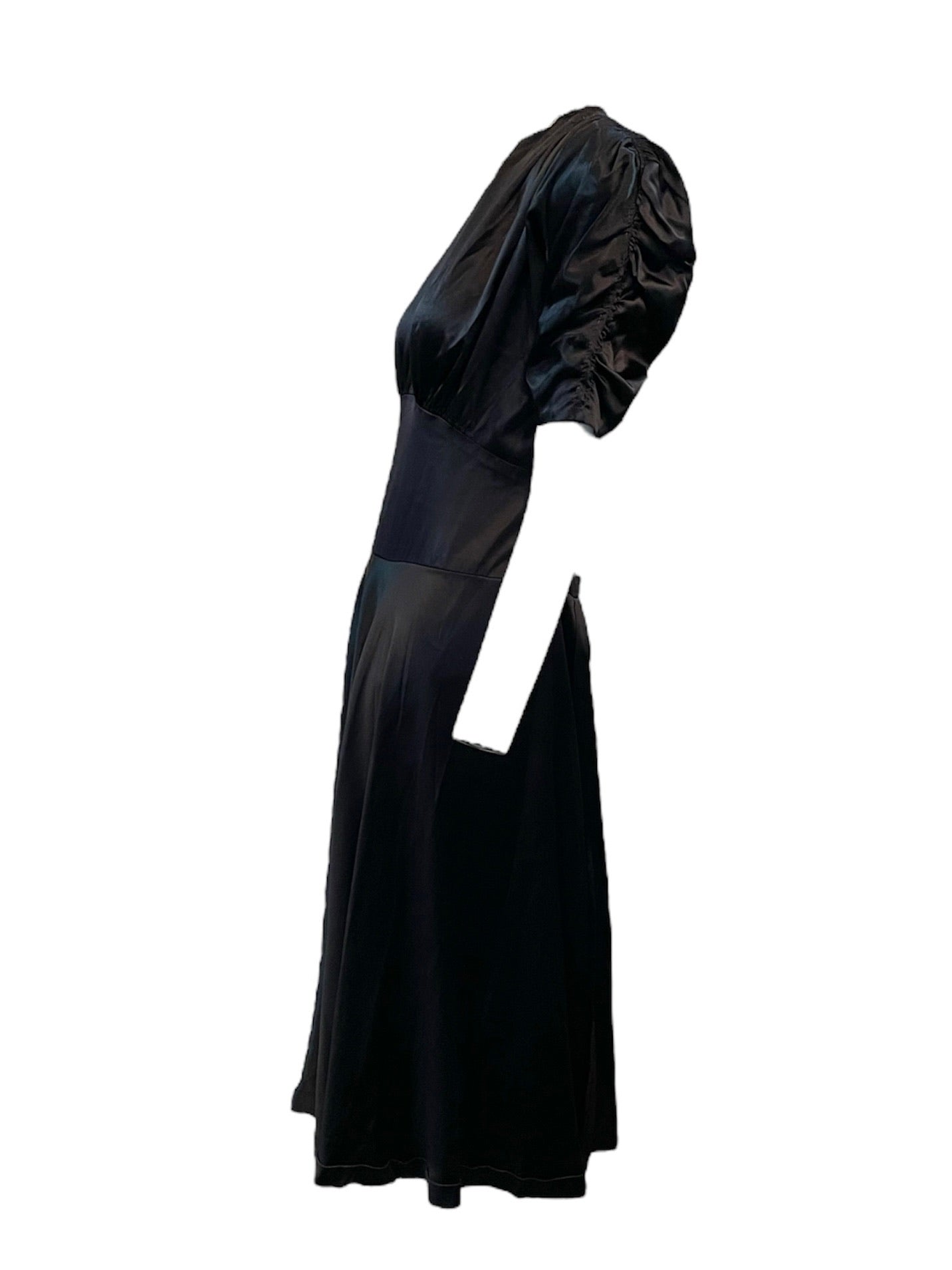30s Black Satin Dress with Marcasite Buckle/ side 30s Black Satin Party Dress with Marcasite Buckle SIDE 2 of 5