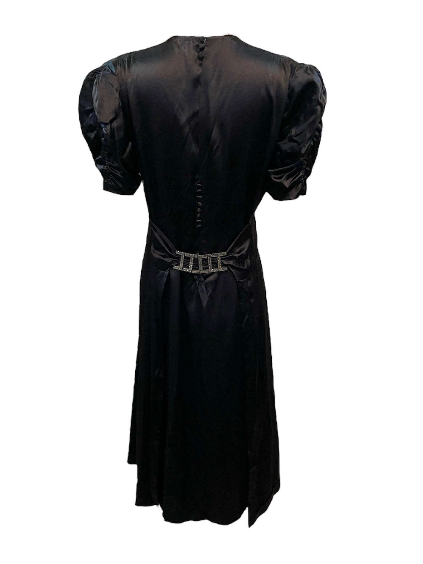 30s Black Satin Dress with Marcasite Buckle/ back 30s Black Satin Party Dress with Marcasite Buckle BACK 3 of 5