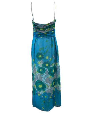 Malcolm Starr 70s Blue Chiffon Watercolor Floral Gown, back