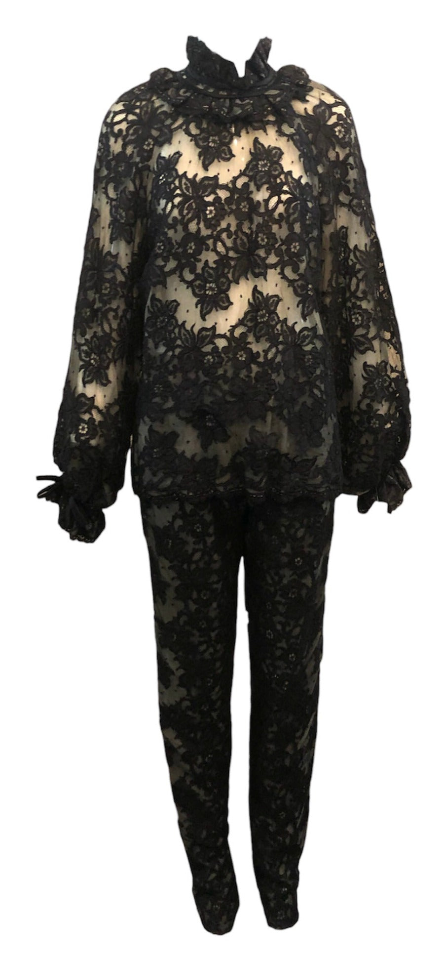  Swinging 60s Black Lace Pantsuit with Nude Underlay FRONT 1 of 4