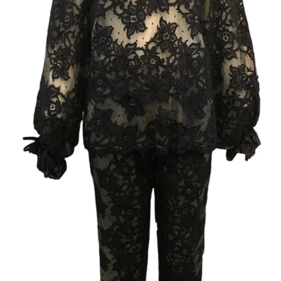  Swinging 60s Black Lace Pantsuit with Nude Underlay FRONT 1 of 4