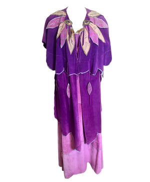  Mara Abboud Purple Suede Hand Painted Feather '80s 4 Piece Ensembl/ front with jacket 