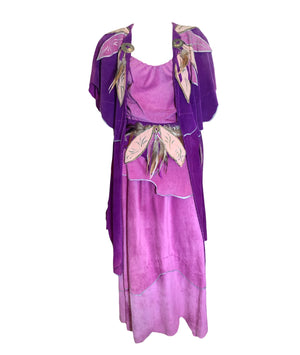  Mara Abboud Purple Suede Hand Painted Feather '80s 4 Piece Ensembl/ front with jacket and belt 