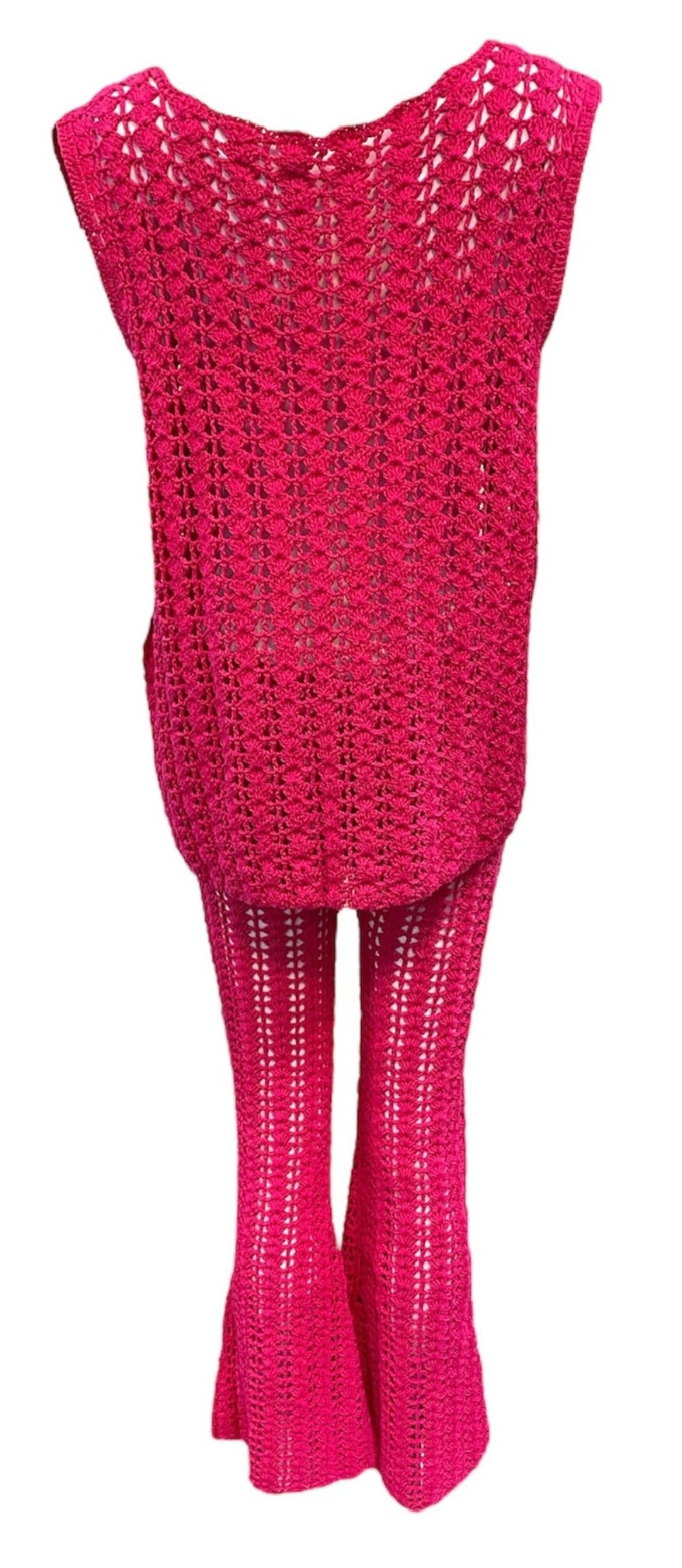 60s Hot Pink Hand Crochet Pant Suit BACK 3 of 5