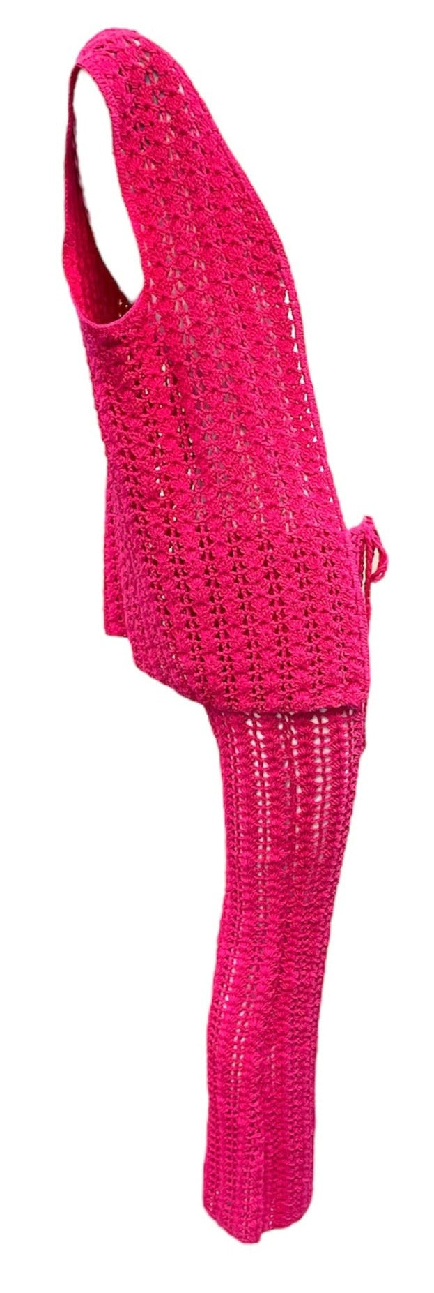 60s Hot Pink Hand Crochet Pant Suit SIDE2 of 5