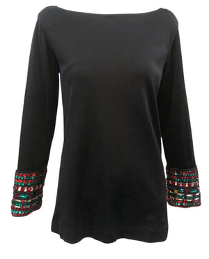  YSL Rive Gauche 80s Black Tunic with Red & Green Faux Gems FRONT 1 of 5