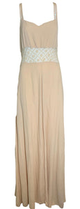 Nude Crinkled Crepe Full Length Slip Dress w Lace Cut Out Detail FRONT 1 of 4
