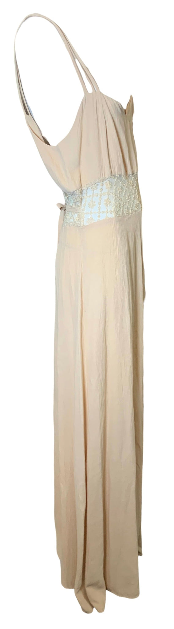 Nude Crinkled Crepe Full Length Slip Dress w Lace Cut Out Detail SIDE 2 of 4