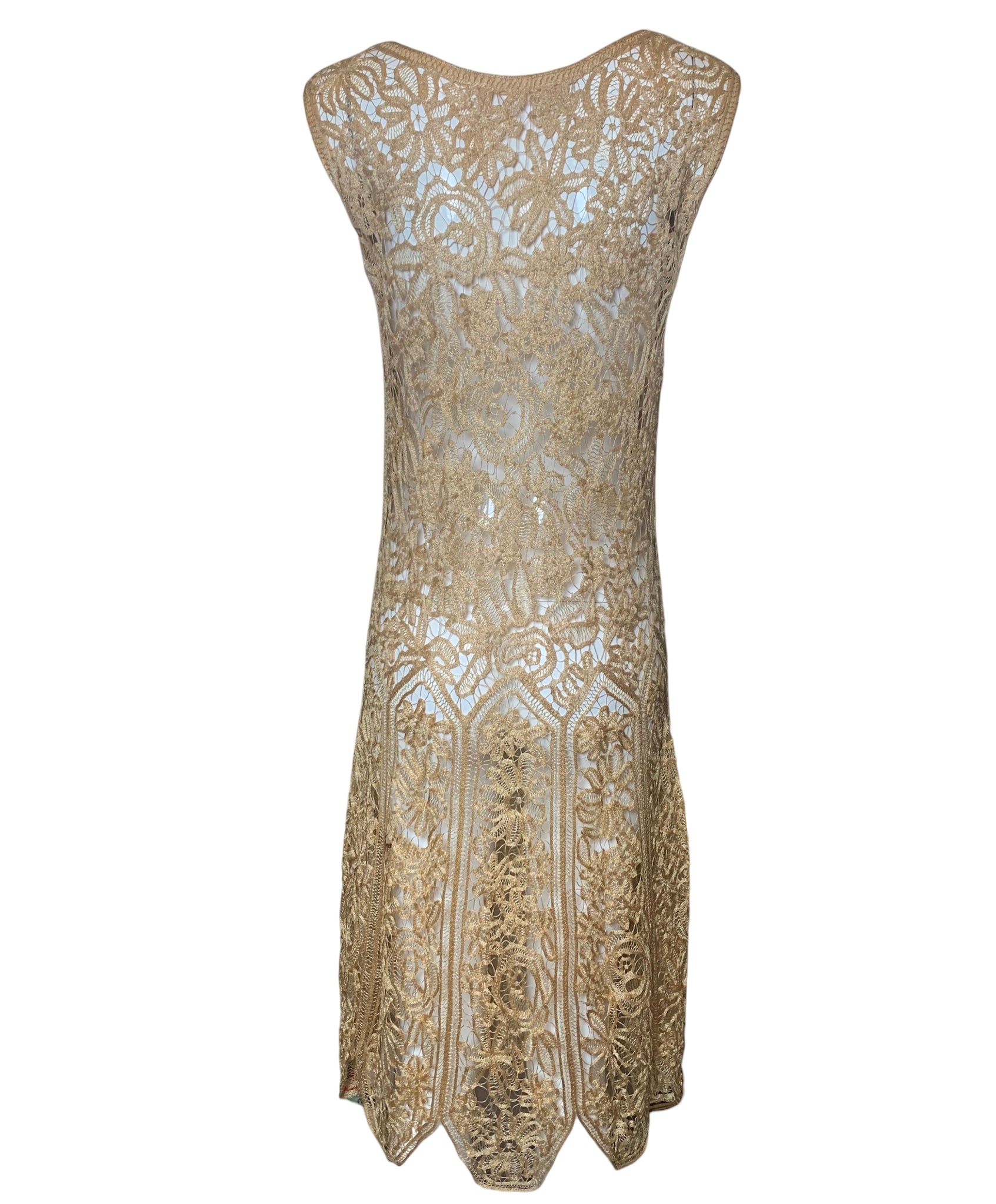  20s Handmade Nude Lace Crochet  Day Dress with Scalloped Hem BACK 3 of 5