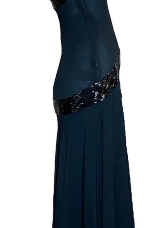 1930s Black Crepe Bias Cut Gown with Beaded Bow  at Hip SIDE 2 of 5