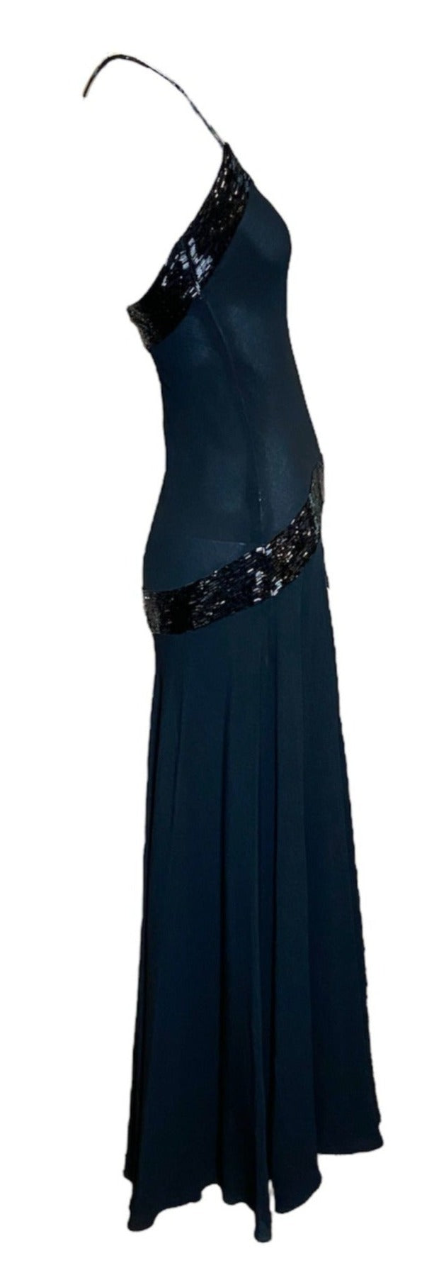 1930s Black Crepe Bias Cut Gown with Beaded Bow  at Hip SIDE 2 of 5