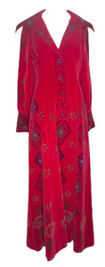 70s Red Cotton Velveteen Dress with Hand Screened Print