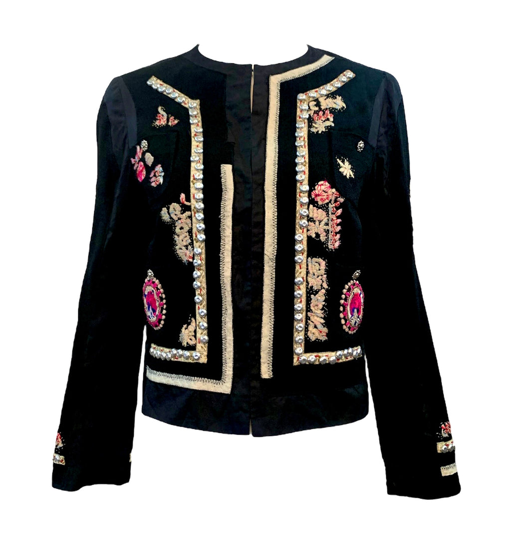 Moschino Early 2000s Embroidered Studded Folk Inspired Cropped Jacket FRONT 1 of 6