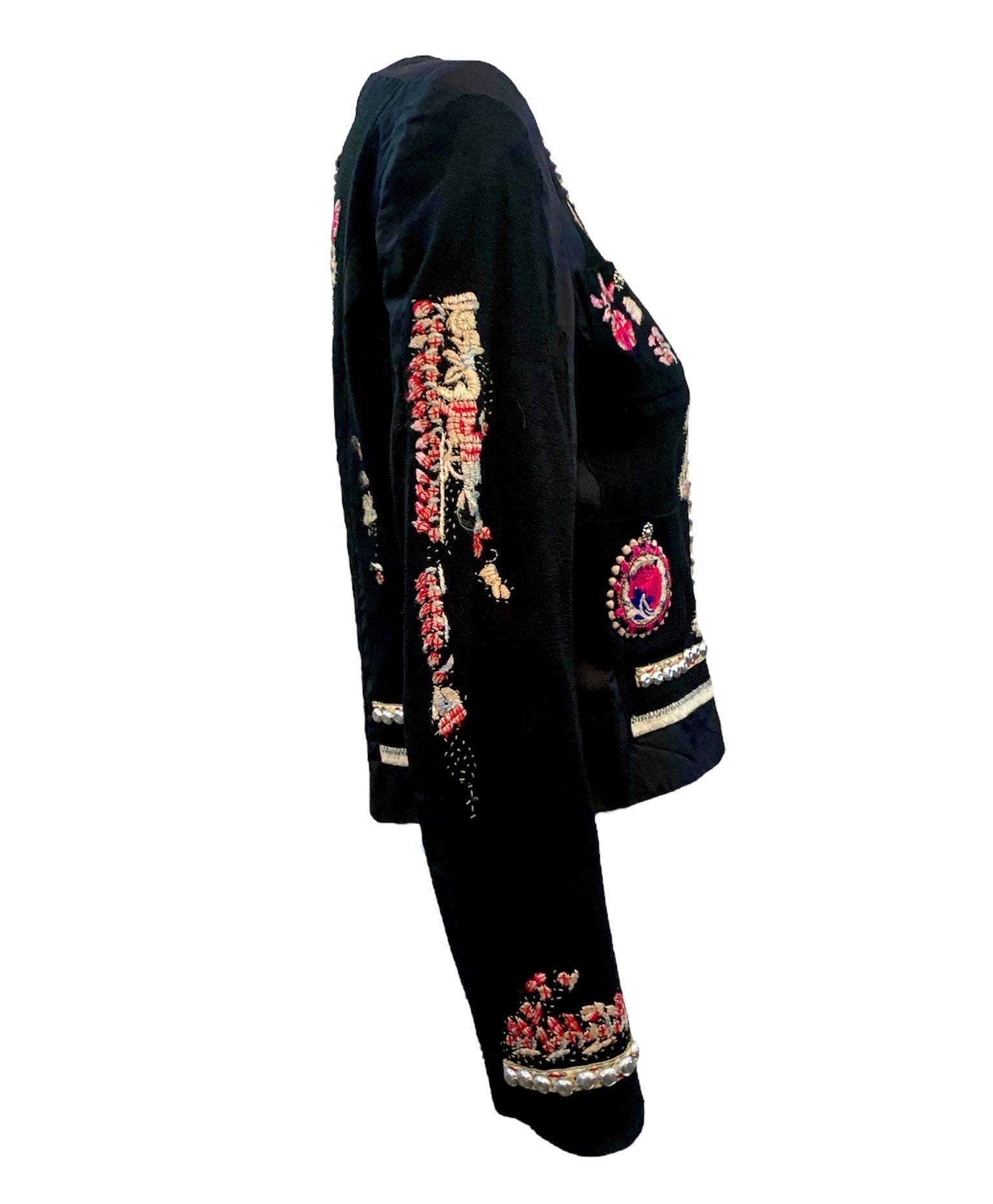 Moschino Early 2000s Embroidered Studded Folk Inspired Cropped Jacket SIDE 2 of 6
