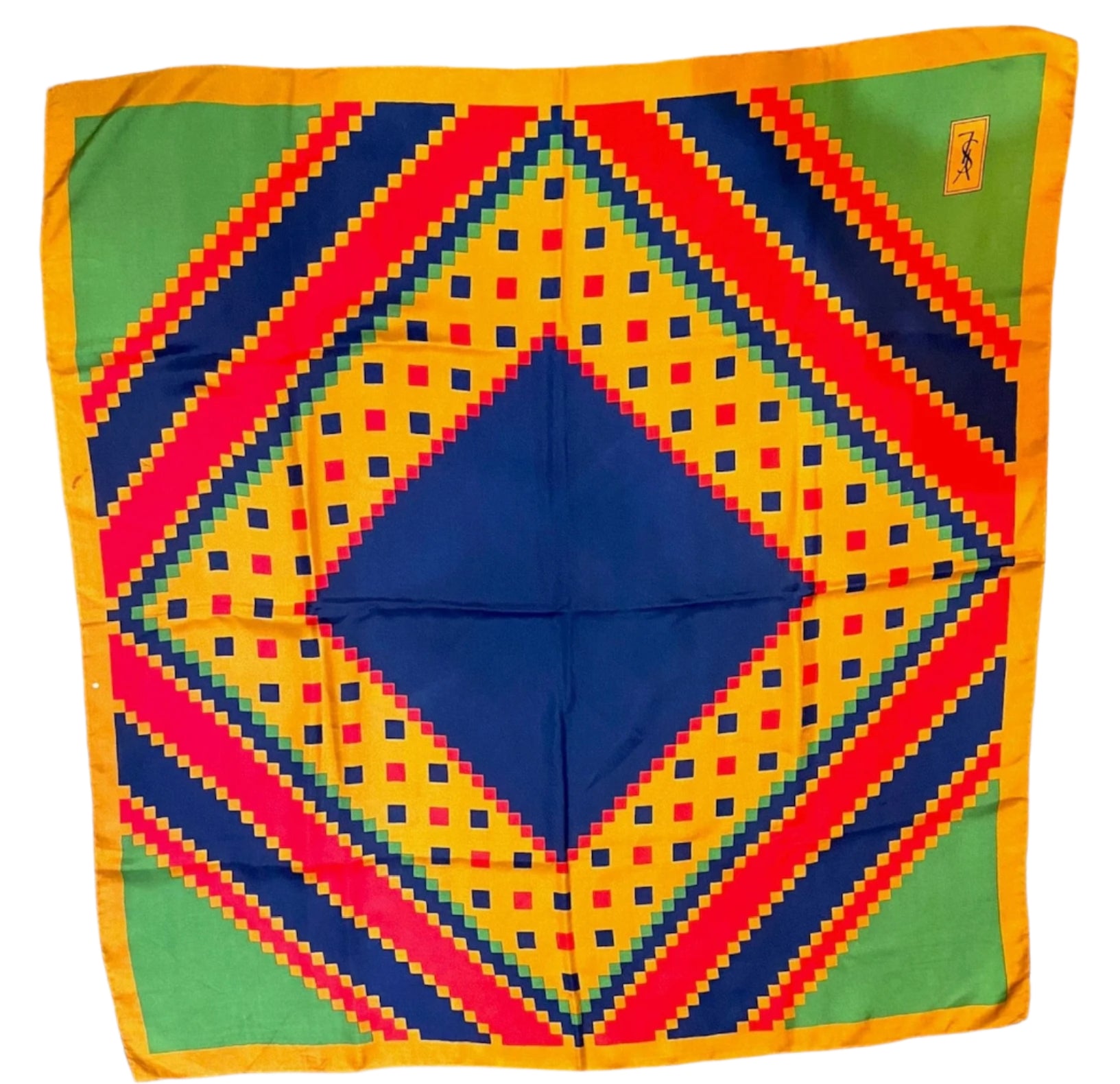 YSL 1970s Autumnal Toned Graphic Print Silk Scarf