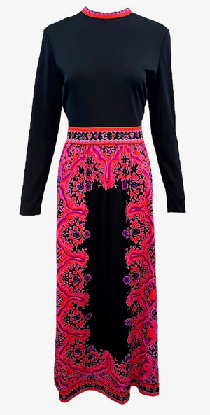Mr.Dino 1970s Black and Hot Pink Maxi Dress with Fringed Shawl FRONT 2 of 7