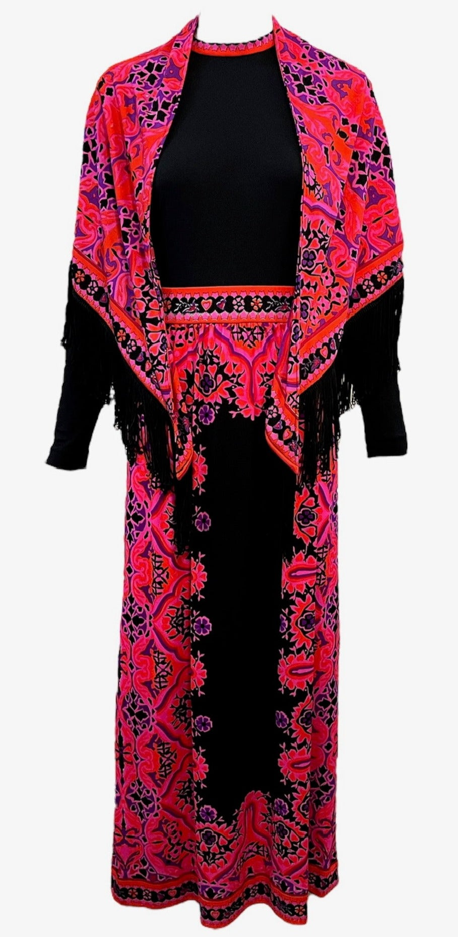 Mr.Dino 1970s Black and Hot Pink Maxi Dress with Fringed Shawl FRONT 1 of 7