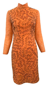 60s Orange Loose Weave Cheongsam Dress with Squiggle Pattern FRONT 1 of 5