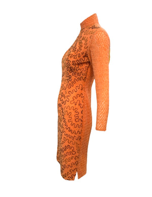 60s Orange Loose Weave Cheongsam Dress with Squiggle Pattern SIDE 2 of 5