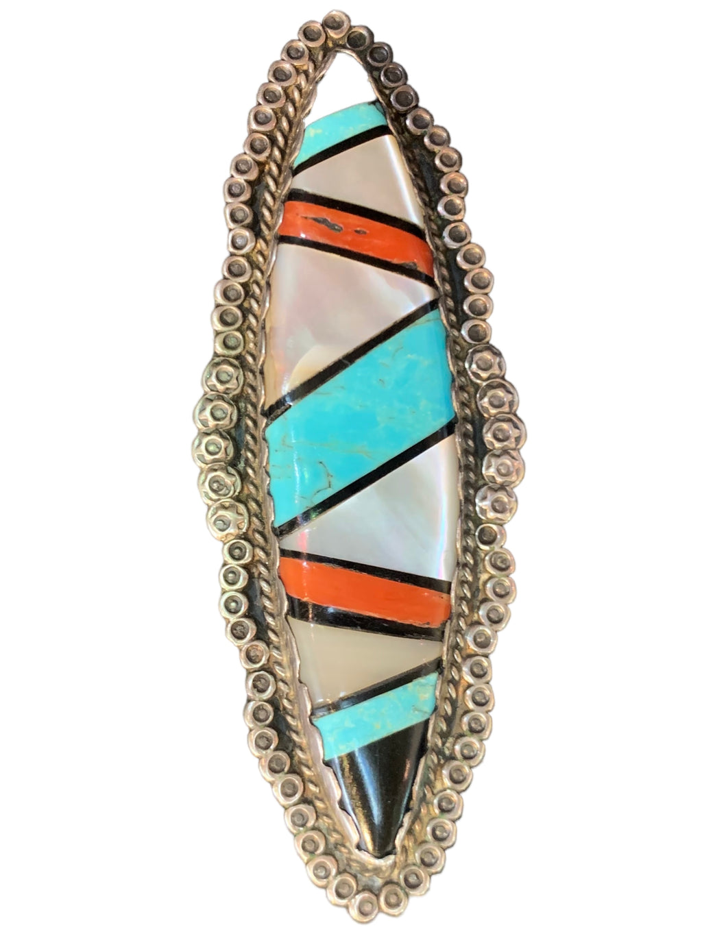 Front photo of oblong Zuni mother of pearl, coral, onyx, and turquoise  set in silver circular cluster border 