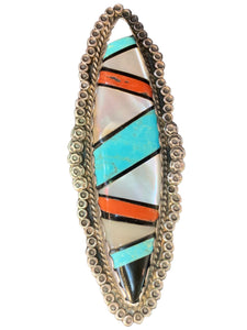 Front photo of oblong Zuni mother of pearl, coral, onyx, and turquoise  set in silver circular cluster border 