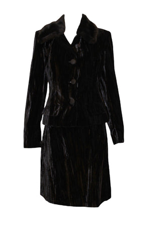  Dolce and Gabbana 90s Black Velvet Skirt Suit With Faux Fur Collar FRONT 1 of 6