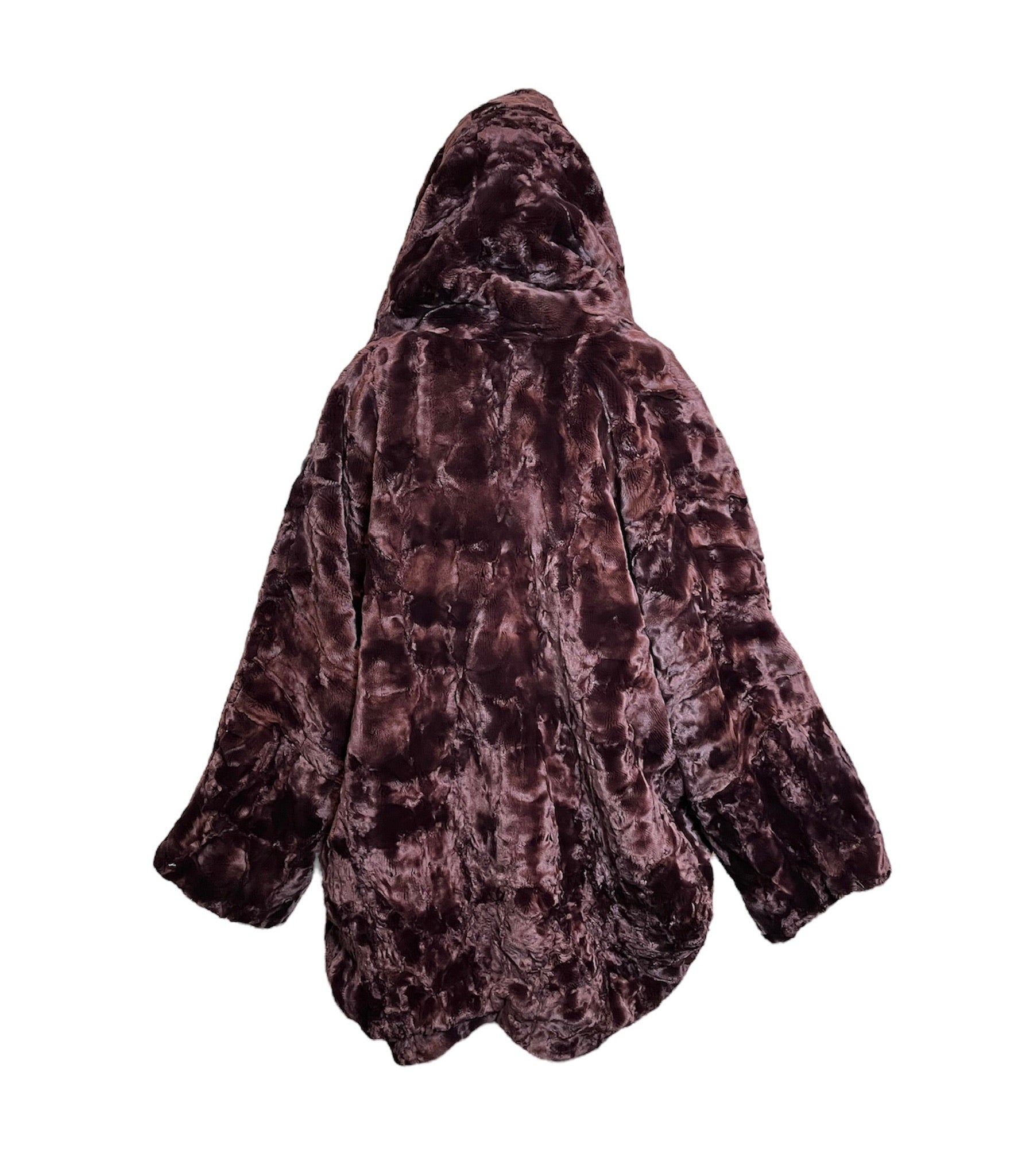 Unlabeled Burgundy Plush  Faux Fur Coat, Back with Hood Up  Burgundy Oversized  Plush  Faux Fur Coat with Convertable Shawl Collar/Hood  HOOD U P BACK 4 of 5