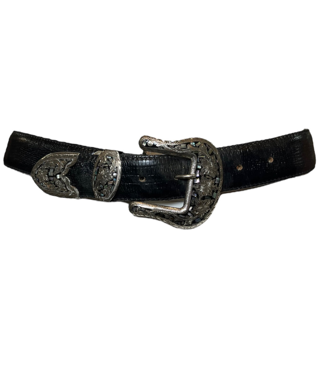 Al Beres  80s  Black Reptile Western Belt with Abalone Buckle FRONT 1 of 5