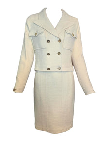  Chanel 90s Pale Yellow Nubby Wool Suit FRONT 1 of 8