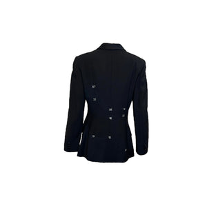 Moschino Cheap and Chic 90s Black Patchwork Dress Ensemble with Rhinestone Numbers JACKET BACK 8 of 8