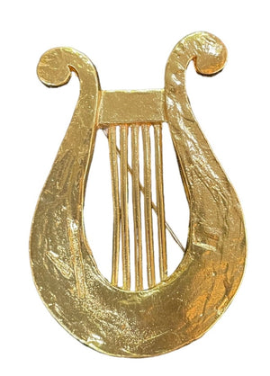 YSL 80s Gold Tone Lyre Brooch FRONT 1 of 3