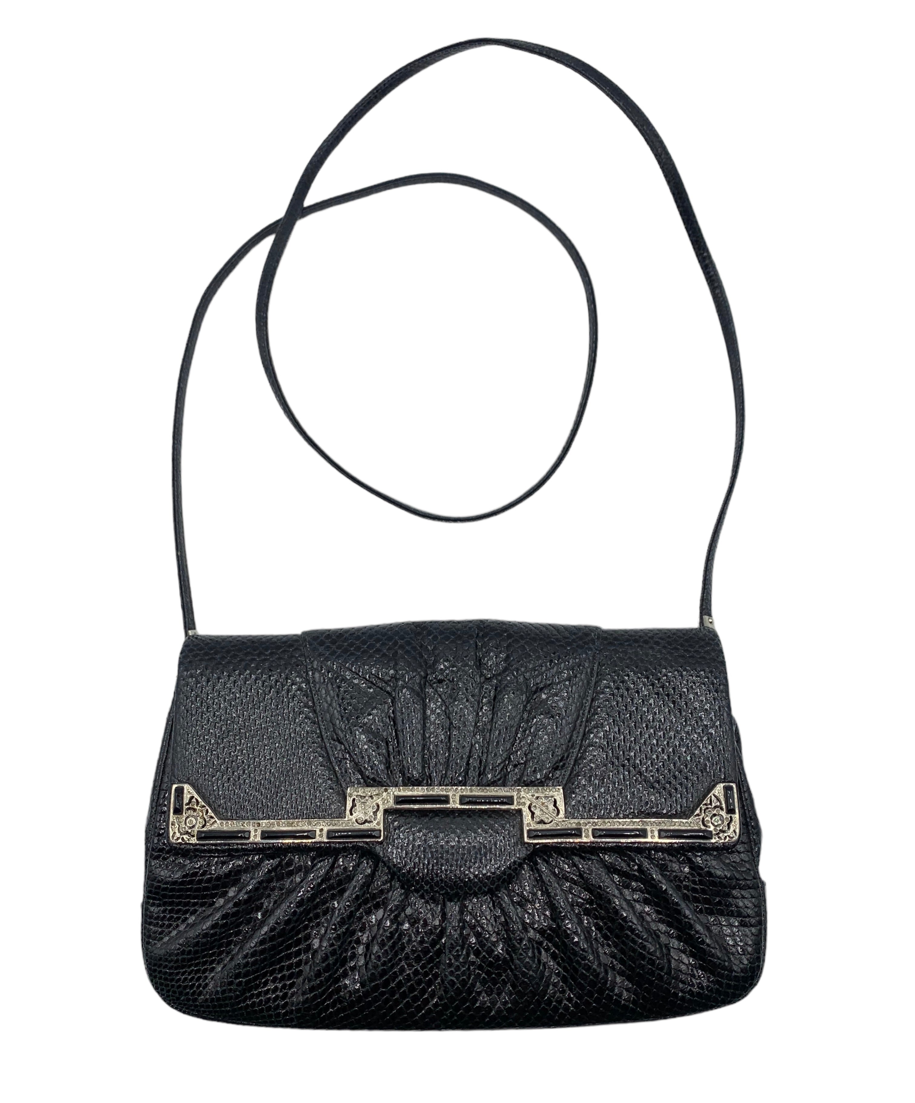   Judith Leiber 80s Black Reptile Deco Evening Convertible Evening Bag FRONT 1 of 7