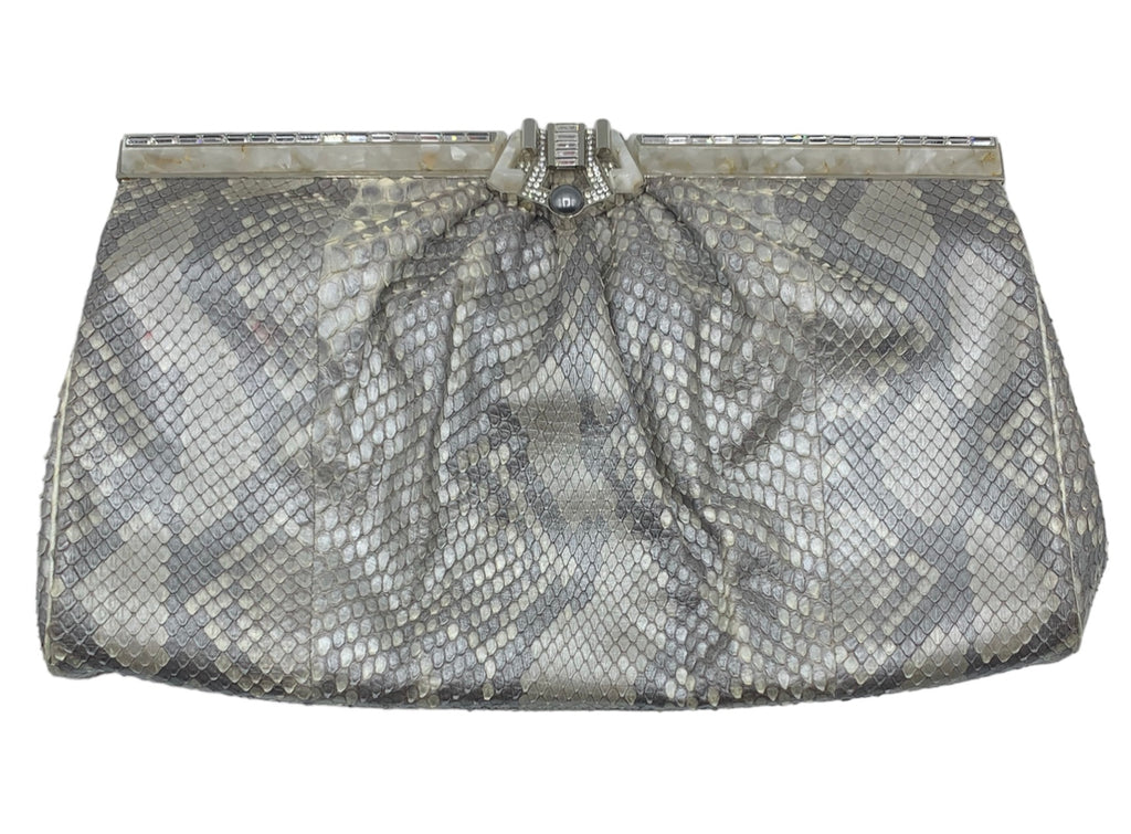 Judith Leiber 2000s Silver Snakeskin Deco Motif Evening Clutch Bag FRONT 1 of 6