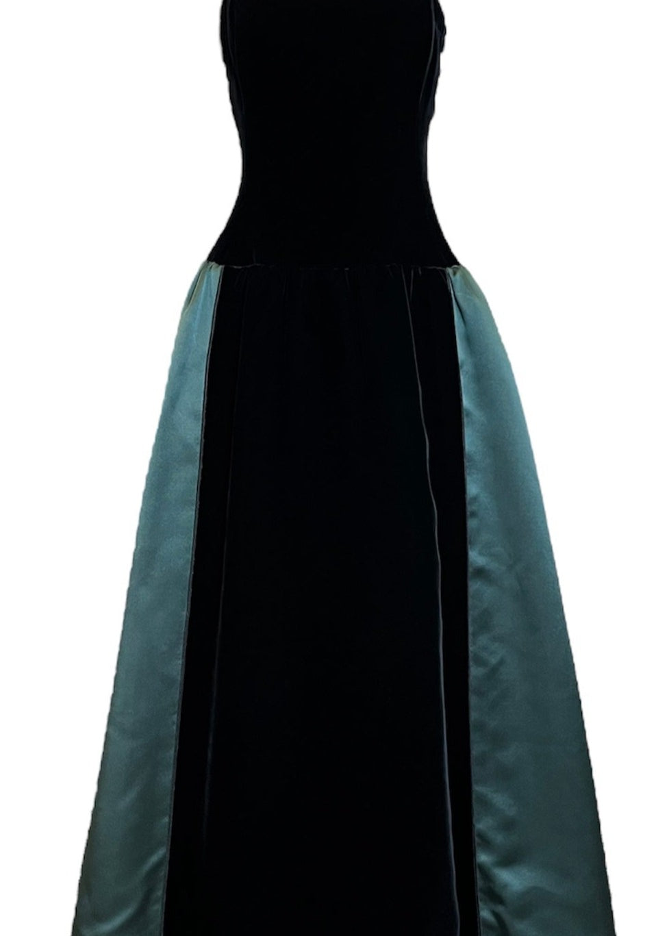 Yves Saint Laurent Couture 80s Black Velvet and Green Satin Gown FRONT 1 of 4