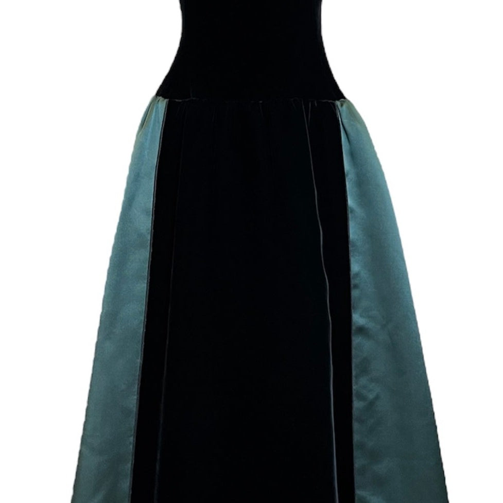 Yves Saint Laurent Couture 80s Black Velvet and Green Satin Gown FRONT 1 of 4