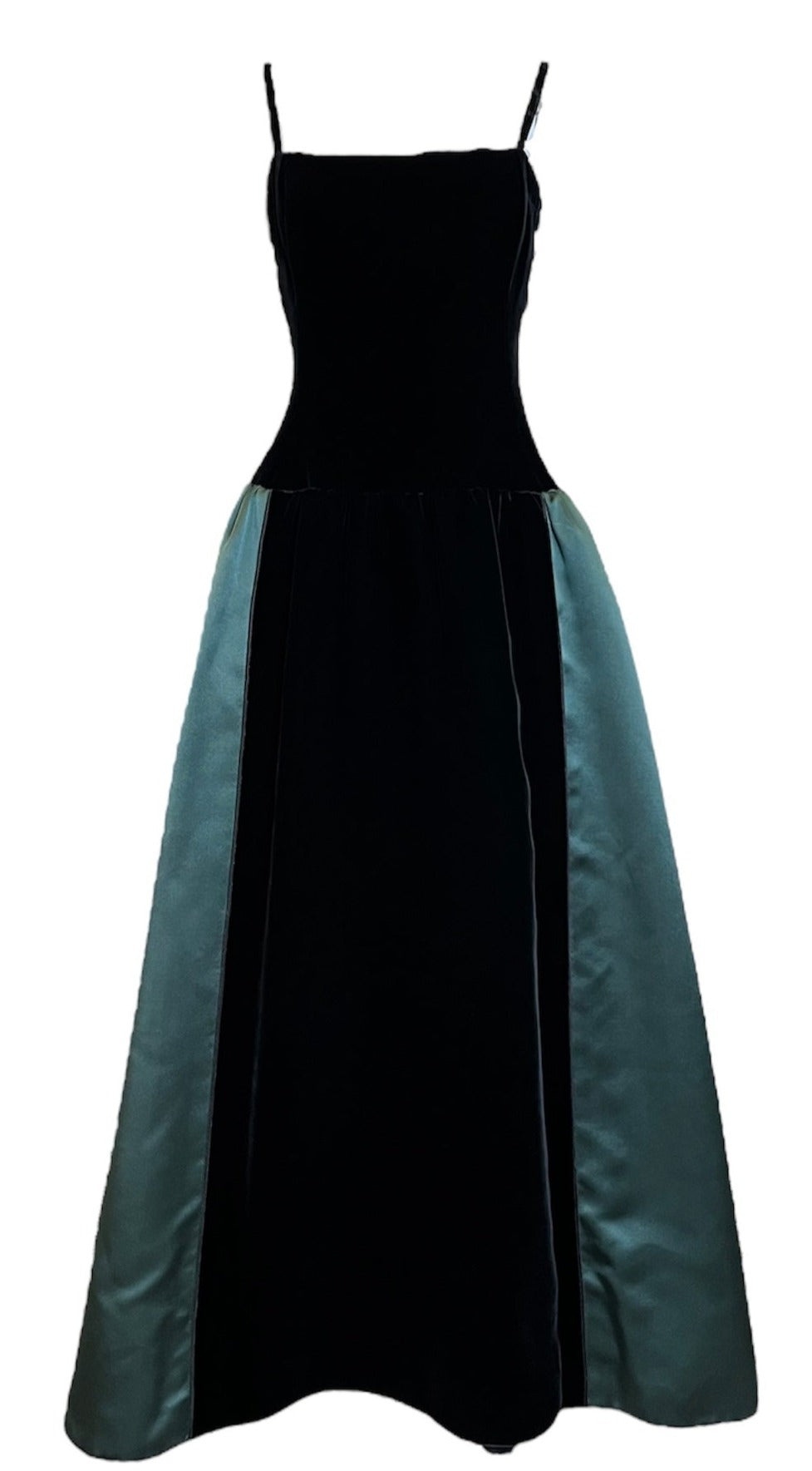 Yves Saint Laurent Couture 80s Black Velvet and Green Satin Gown FRONT 1 of 4