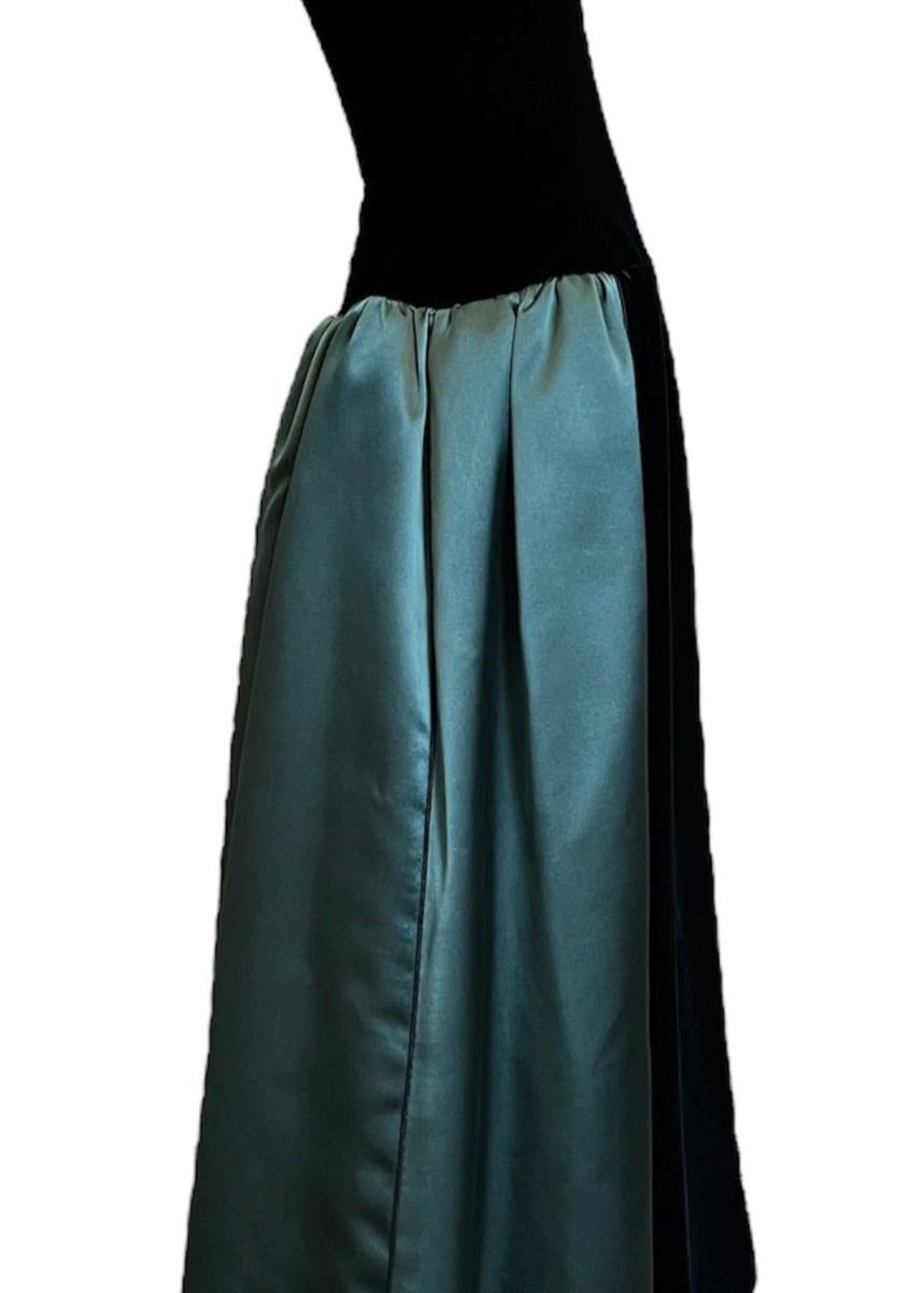 Yves Saint Laurent Couture 80s Black Velvet and Green Satin Gown SIDE 2 of 4