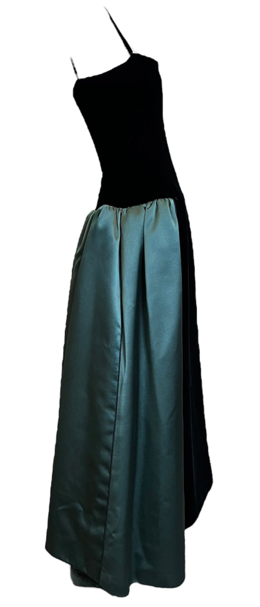 Yves Saint Laurent Couture 80s Black Velvet and Green Satin Gown SIDE 2 of 4