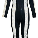  Unlabeled Fredericks of Hollywood 70s Black Bell Bottom Jumpsuit w/ White Crochet Panels FRONT 1 of 4