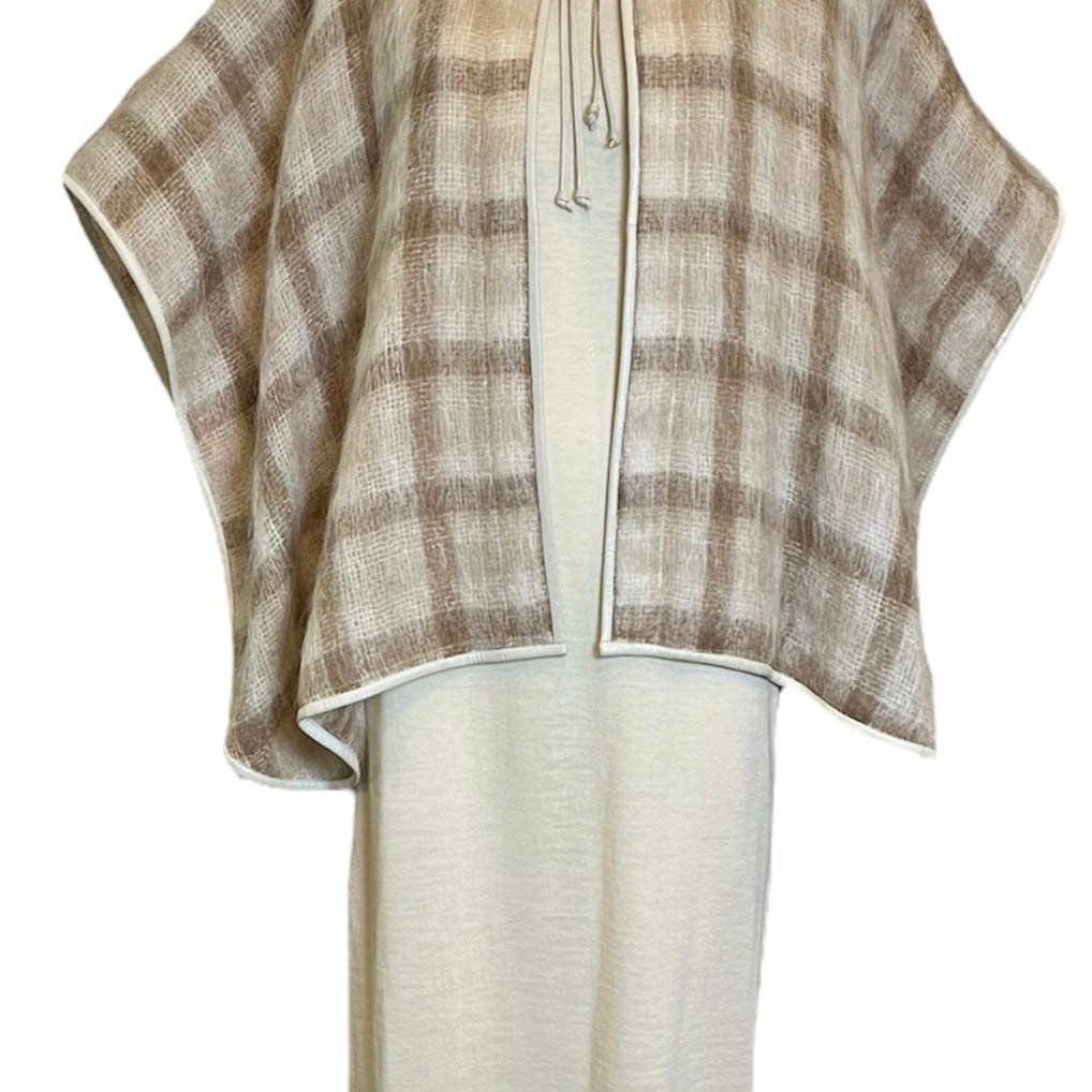 Bonnie Cashin 60s Tan  Plaid Mohair Cape with Matching Shift Dress ENS FRONT 1 of 8